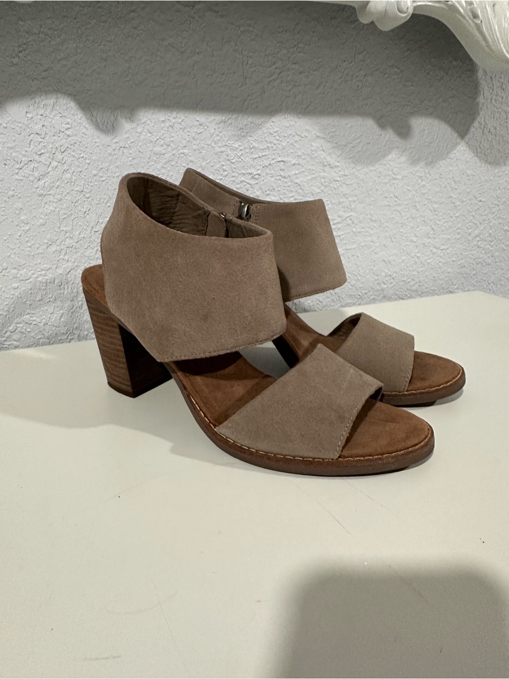 Toms Taupe Suede Open-Toe Block Heel Sandals